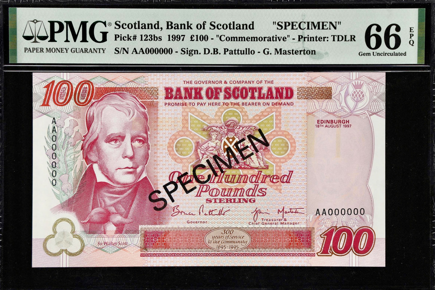 SCOTLAND P.123bs SC176b 1997 Bank of Scotland £100 Specimen GEM UNC 66 EPQ