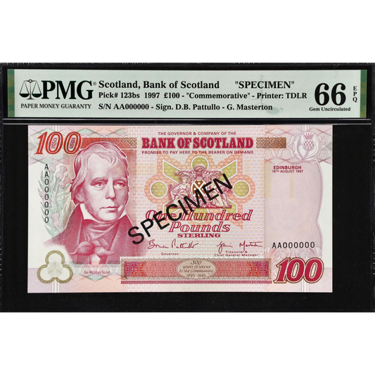 SCOTLAND P.123bs SC176b 1997 Bank of Scotland £100 Specimen GEM UNC 66 EPQ