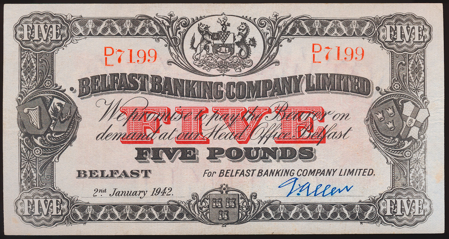 NORTHERN IRELAND P.127b NI302b 1942 Belfast Banking Company Limited £5 EF40