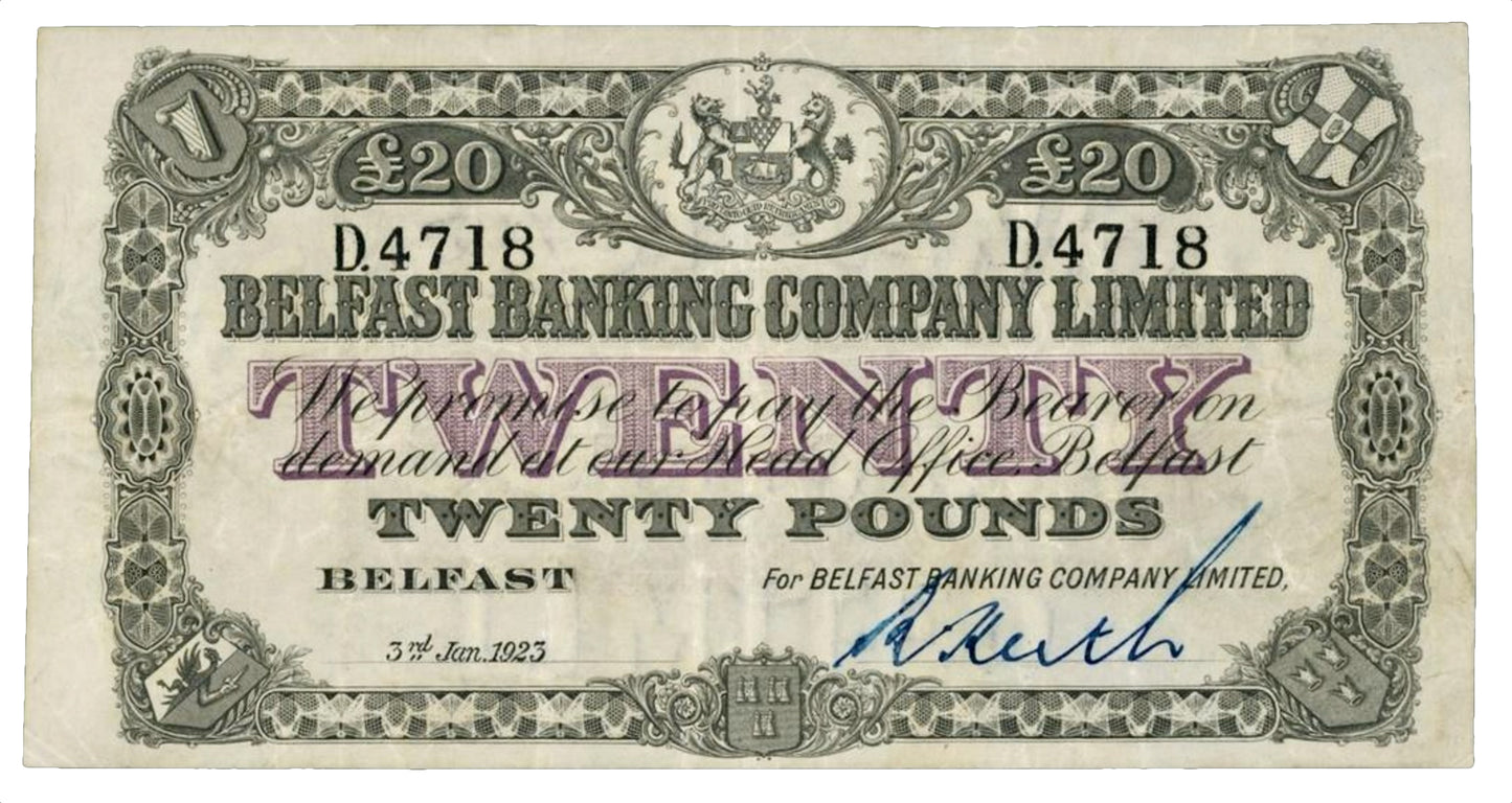NORTHERN IRELAND P.129a NI304a 1923 Belfast Banking Co Ltd £20 VF25