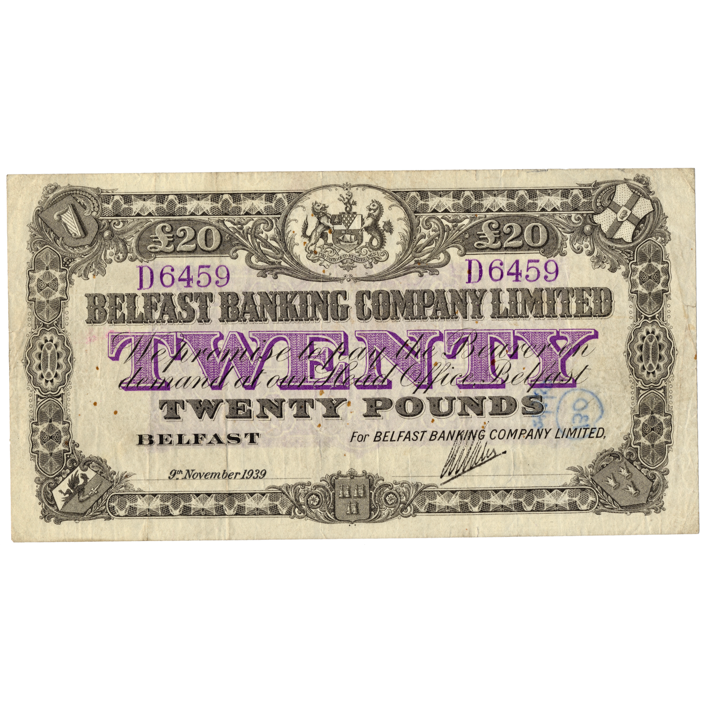 NORTHERN IRELAND P.129b NI304a 1939 Belfast Banking Co Ltd £20 VF20