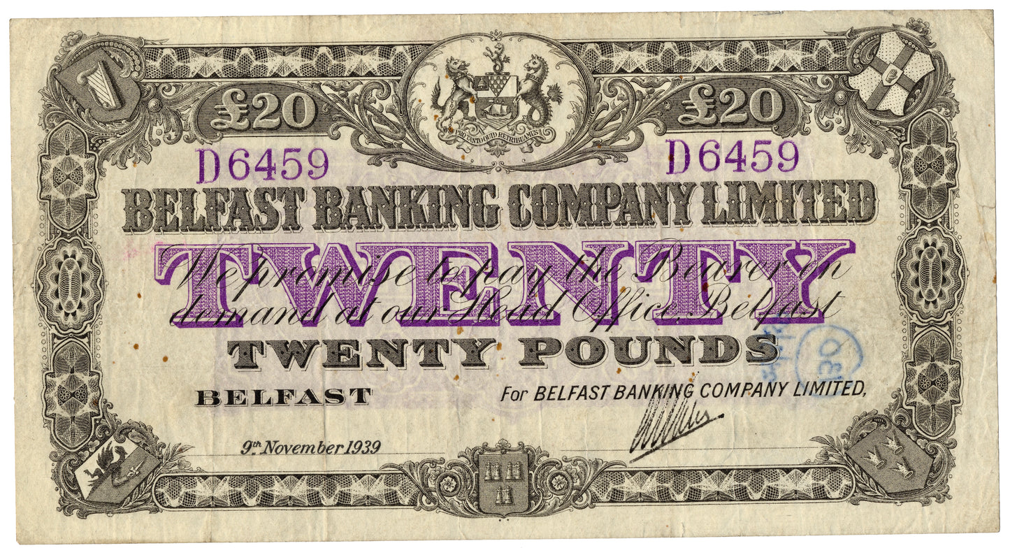 NORTHERN IRELAND P.129b NI304a 1939 Belfast Banking Co Ltd £20 VF20