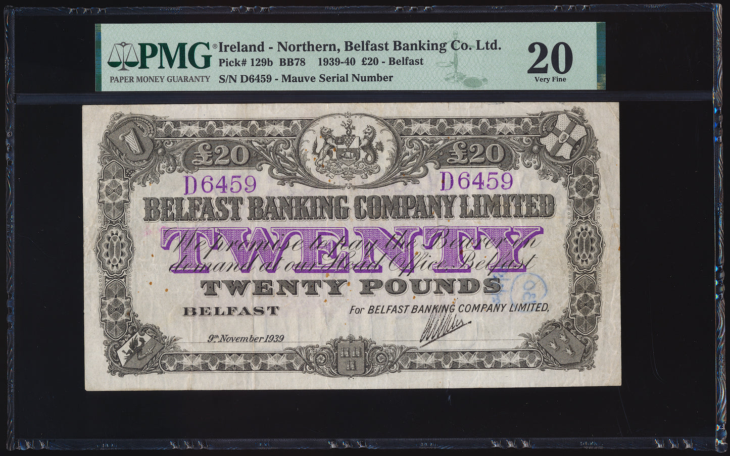 NORTHERN IRELAND P.129b NI304a 1939 Belfast Banking Co Ltd £20 VF20