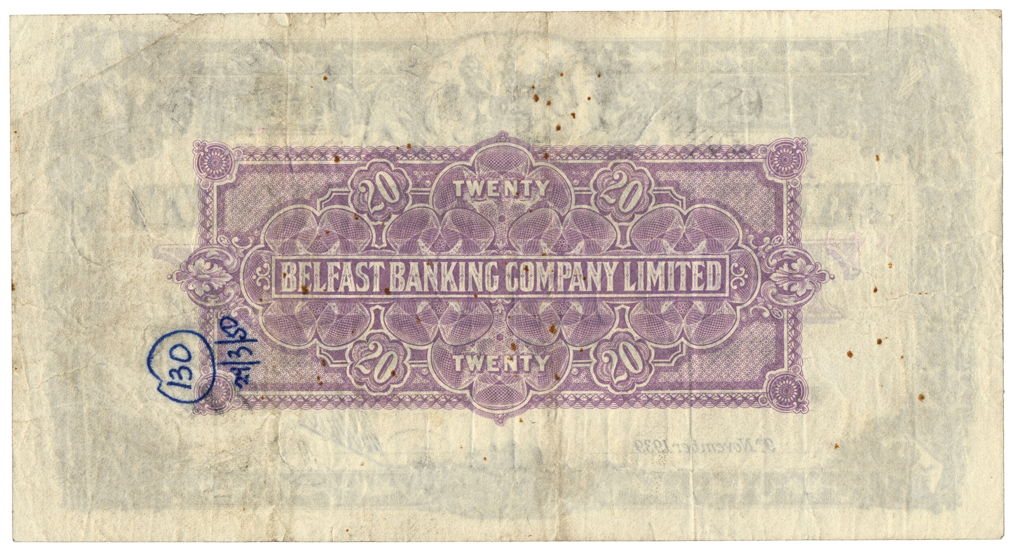 NORTHERN IRELAND P.129b NI304a 1939 Belfast Banking Co Ltd £20 VF20