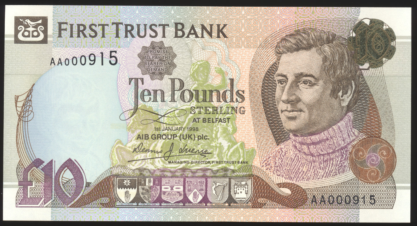 NORTHERN IRELAND P.136a NI412a 1998 first run low number First Trust Bank £10 UNC