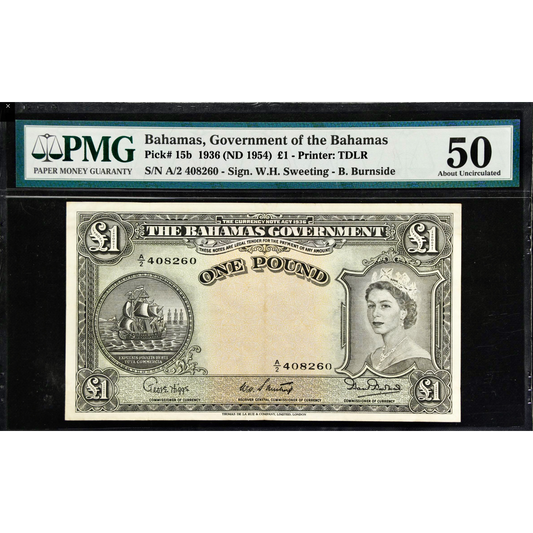 BAHAMAS P.15b 1954 £1 A/2 AUNC 50