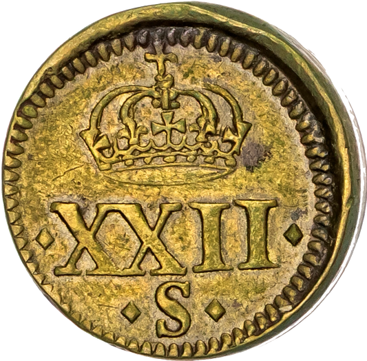 1612 James I brass coin weight for a 22 shilling Unite by N Briot