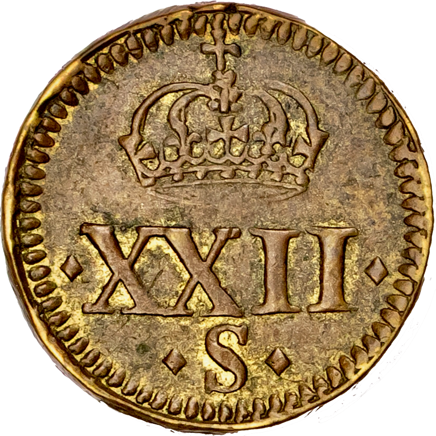 1612 James I brass coin weight for a 22 shilling Unite by N Briot