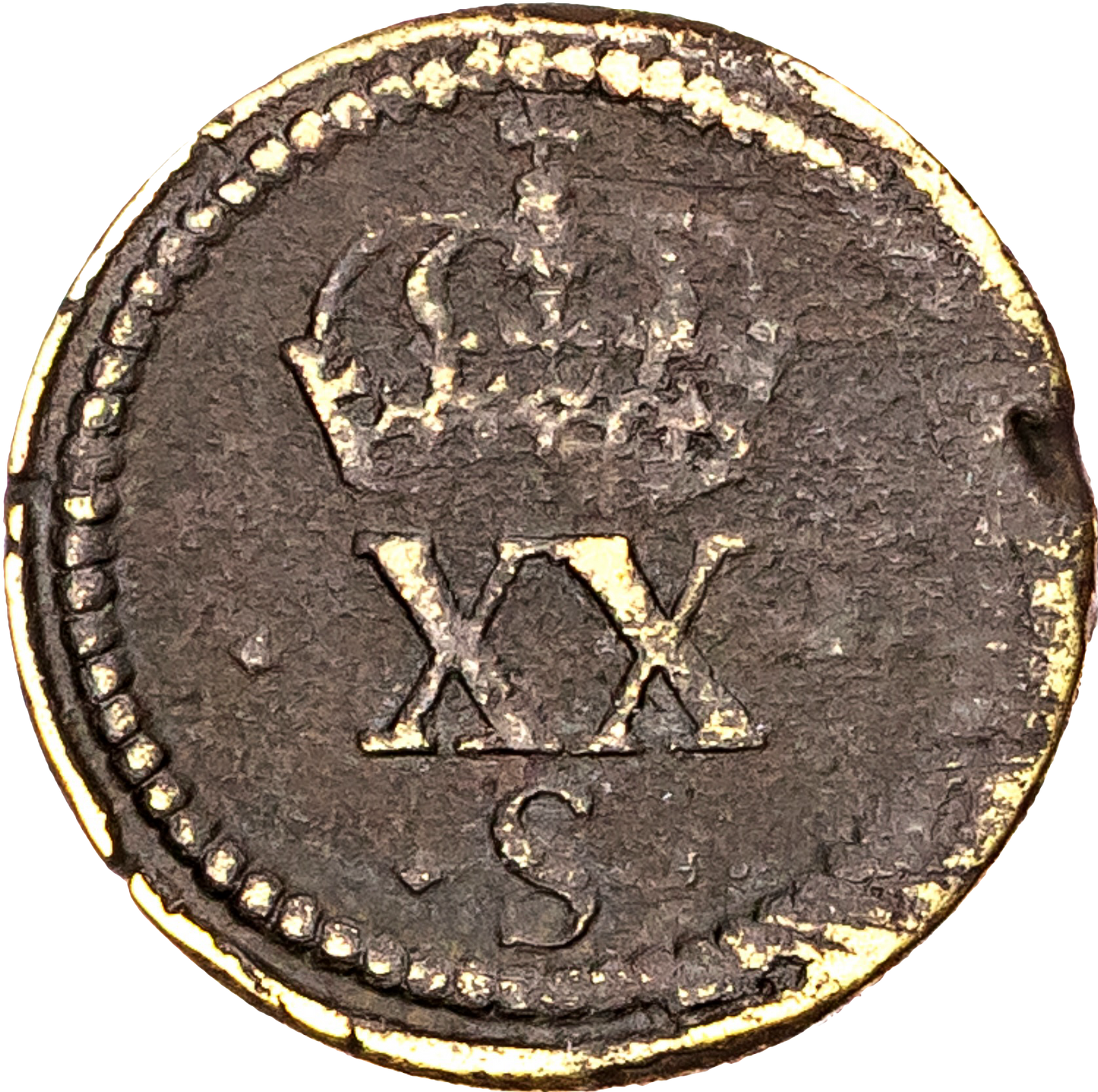 1625 Charles I brass coin weight for a 20 shilling Unite by N Briot