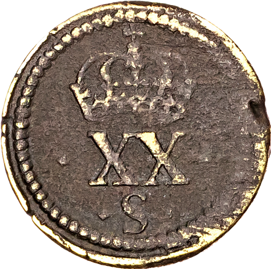 1625 Charles I brass coin weight for a 20 shilling Unite by N Briot