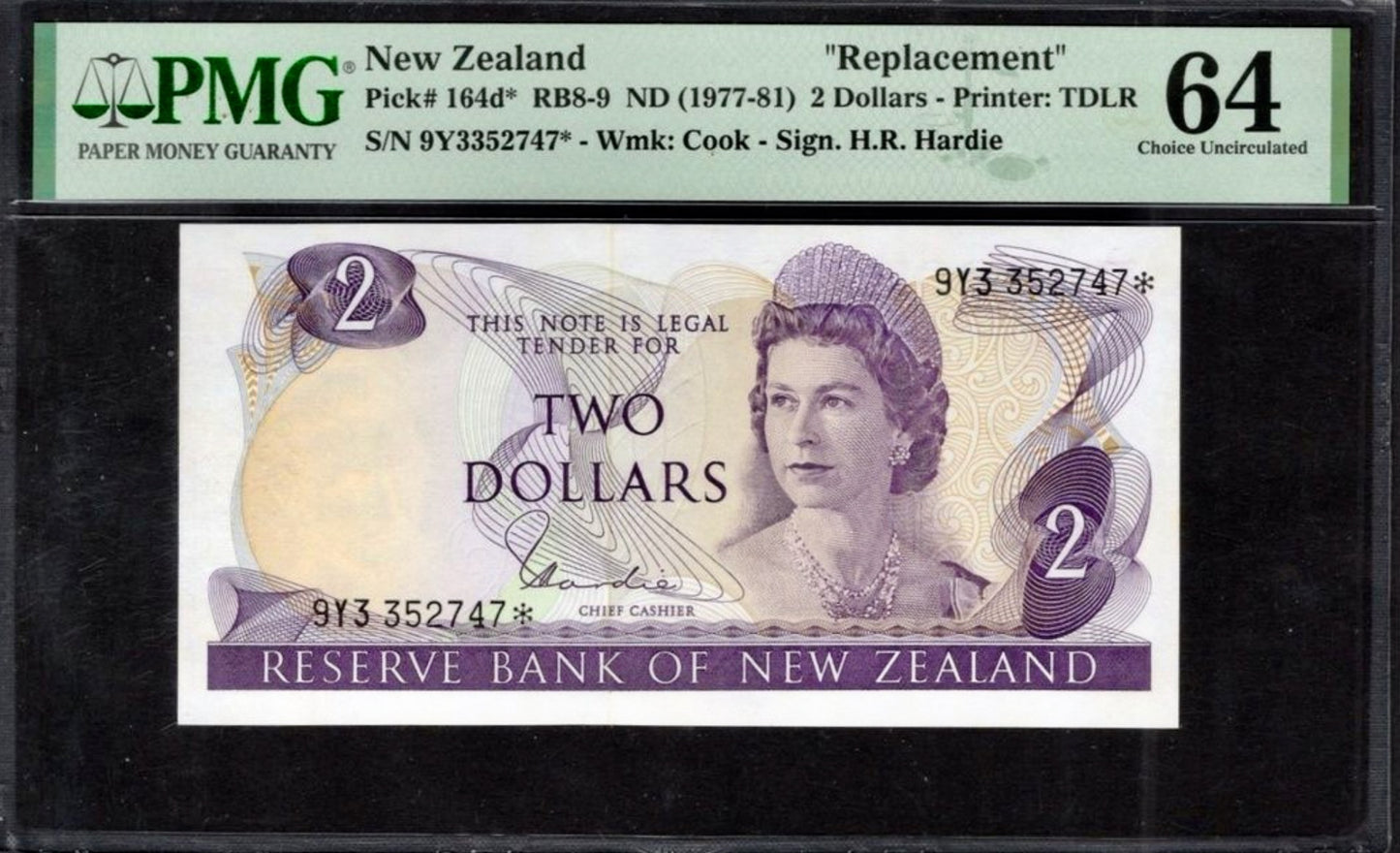 NEW ZEALAND P.164dr 1977-1981 $2 Replacement note Choice UNC 64