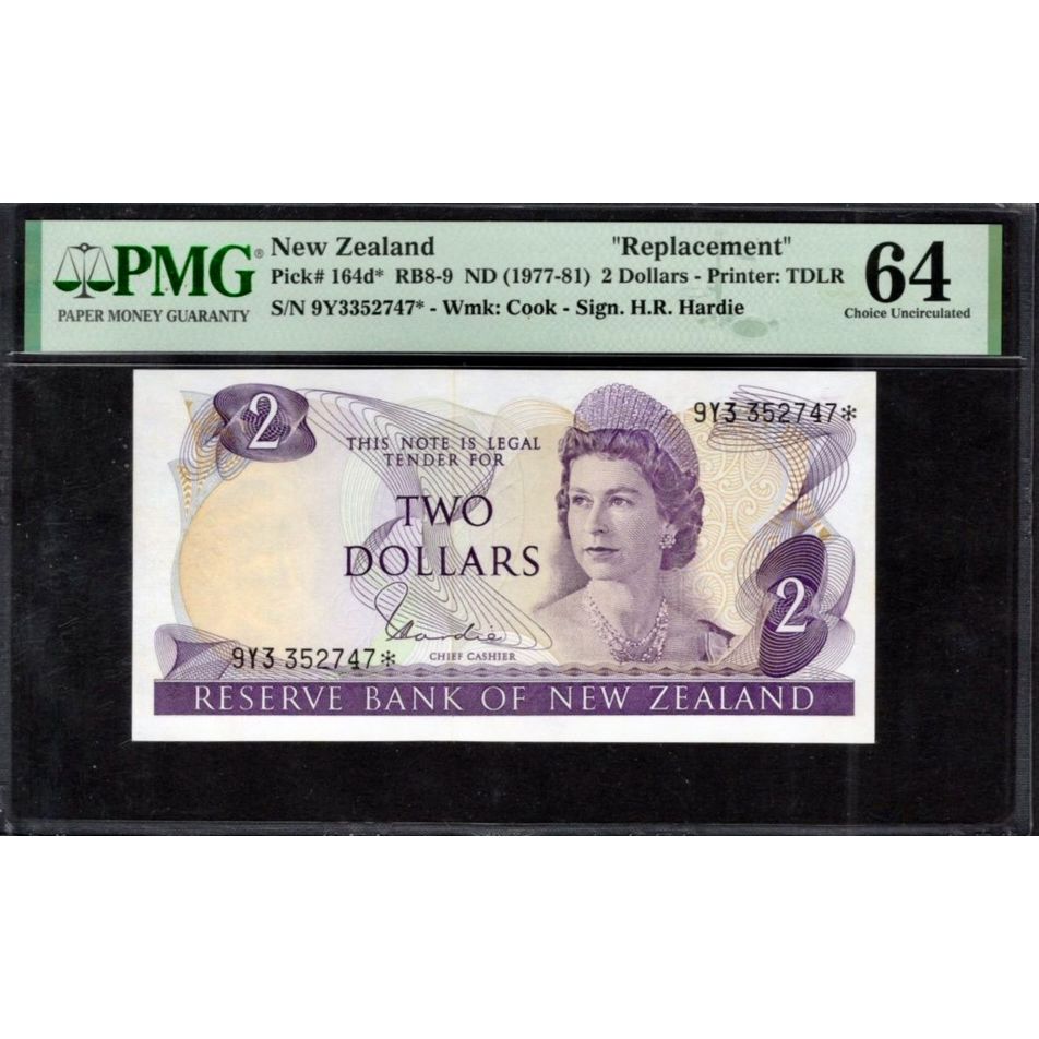 NEW ZEALAND P.164dr 1977-1981 $2 Replacement note Choice UNC 64