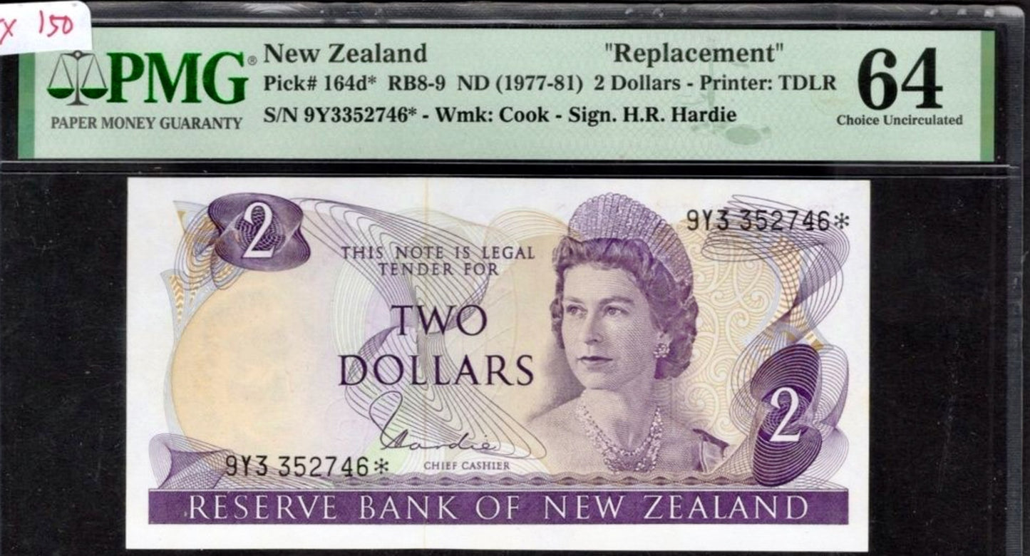 NEW ZEALAND P.164dr 1977-1981 $2 Replacement note Choice UNC 64
