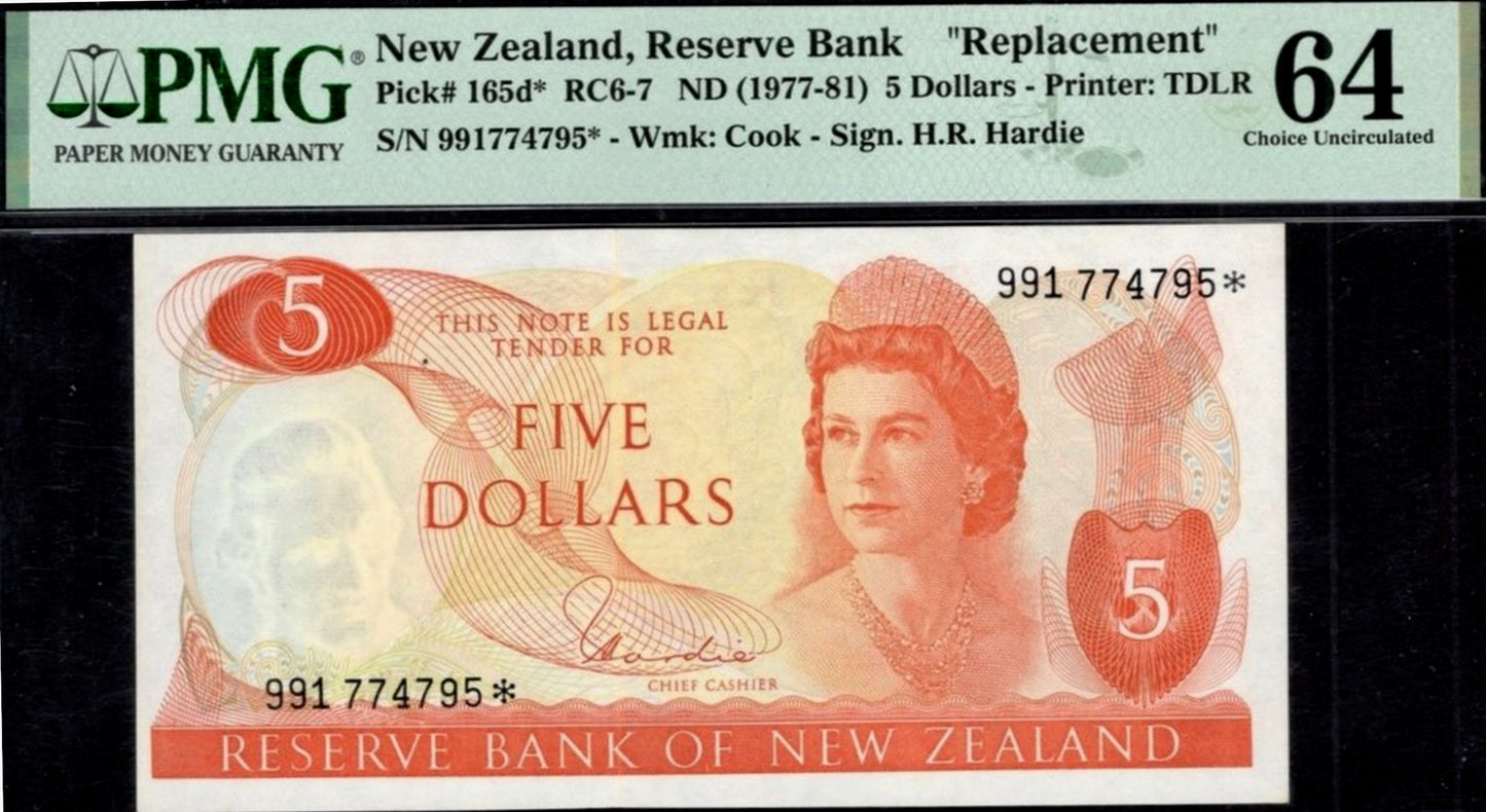 NEW ZEALAND P.165dr 1977-1981 $5 Replacement note Choice UNC 64