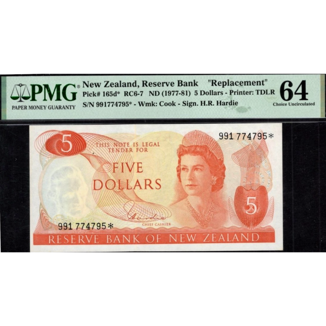 NEW ZEALAND P.165dr 1977-1981 $5 Replacement note Choice UNC 64