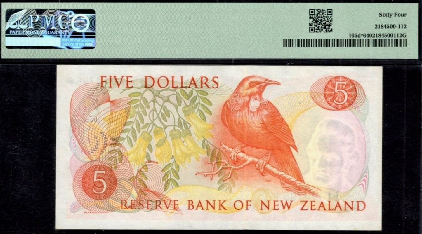 NEW ZEALAND P.165dr 1977-1981 $5 Replacement note Choice UNC 64