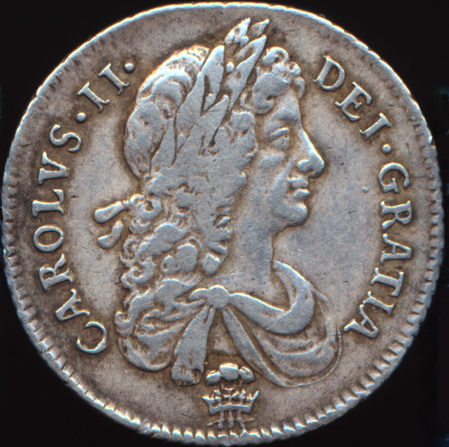 1673 Shilling Second bust Plume below bust S3376 ESC 525 Extremely rare (R3) AVF/VF