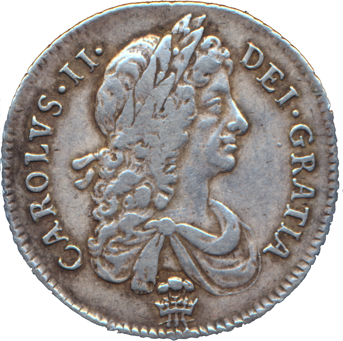 1673 Shilling Second bust Plume below bust S3376 ESC 525 Extremely rare (R3) AVF/VF