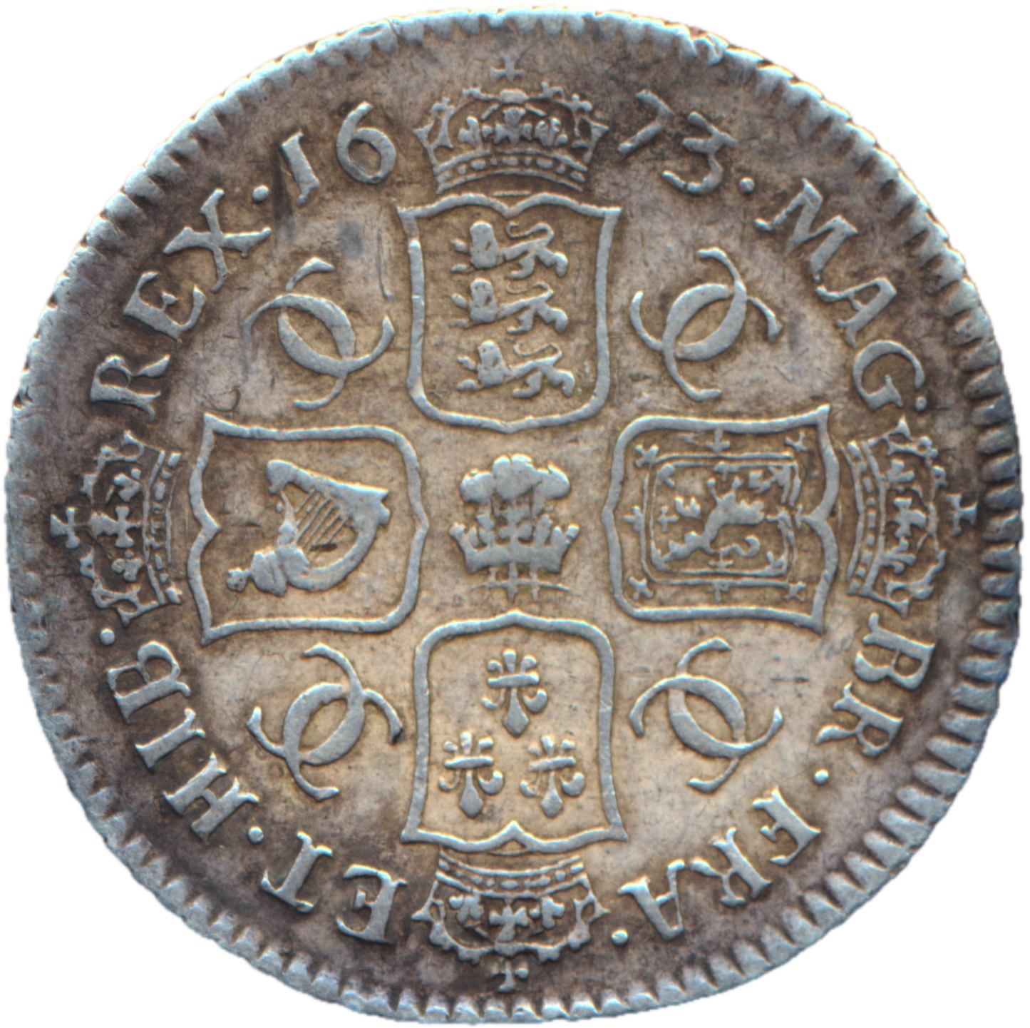 1673 Shilling Second bust Plume below bust S3376 ESC 525 Extremely rare (R3) AVF/VF