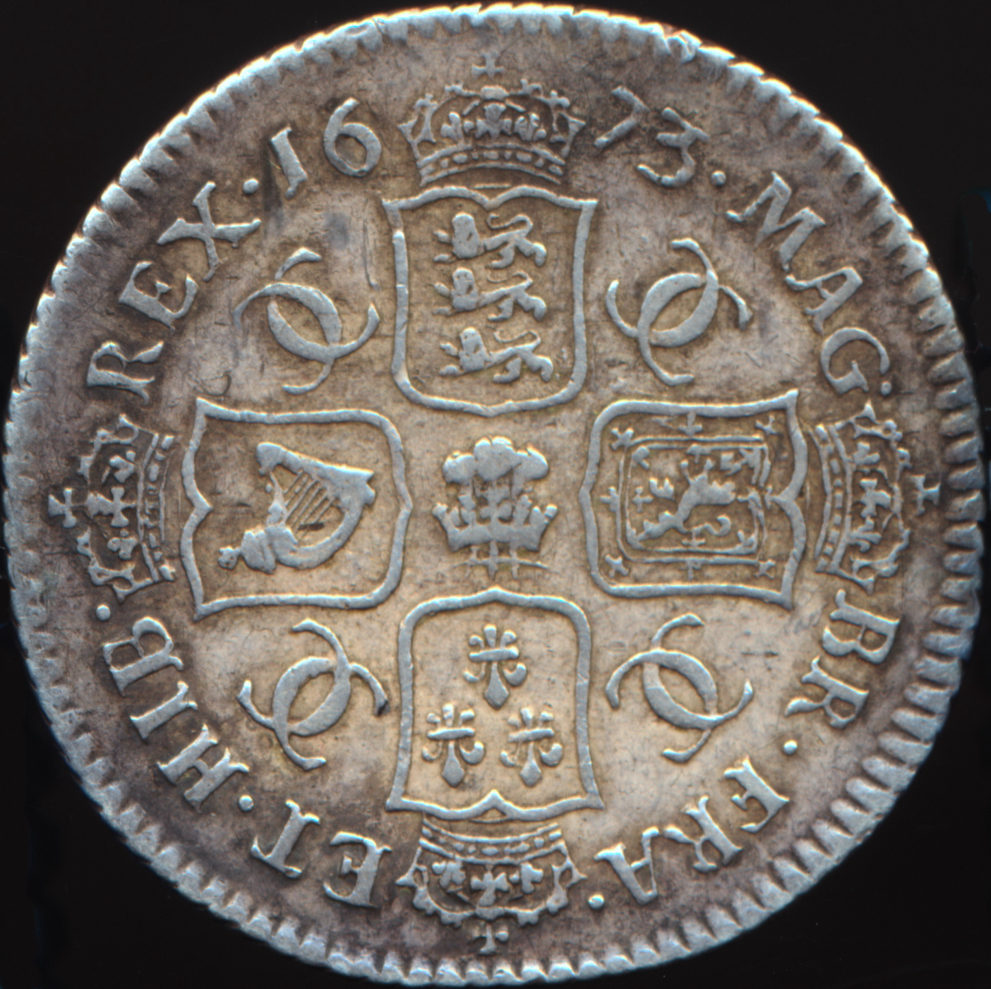 1673 Shilling Second bust Plume below bust S3376 ESC 525 Extremely rare (R3) AVF/VF