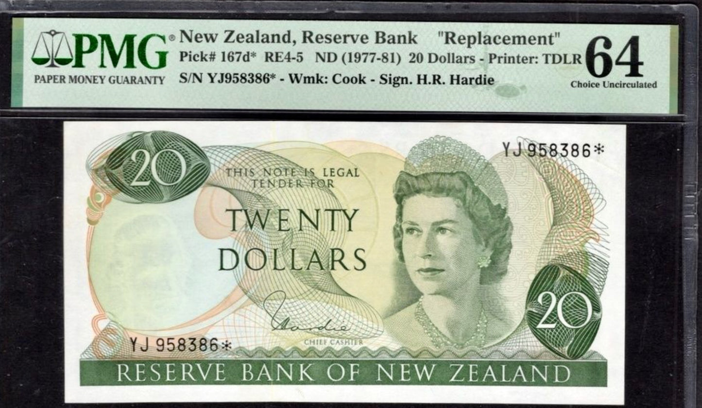 NEW ZEALAND P.167dr 1977-1981 $20 Replacement note CHOICE UNC 64