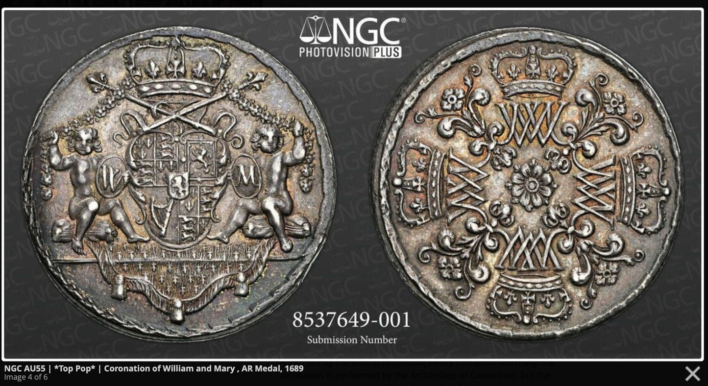 1689 Coronation silver medal Mi 696/96 AU55 TOP POP