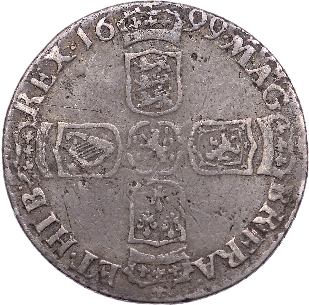 1699 Sixpence S3538 ESC 1246 Plain in angles inverted A in GVLIELMVS Extremely rare (R5)