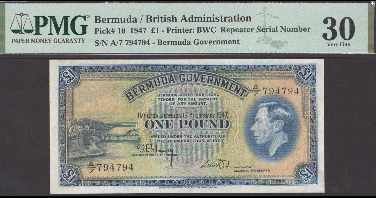 BERMUDA P.16 1947 £1 Repeater serial number VF30