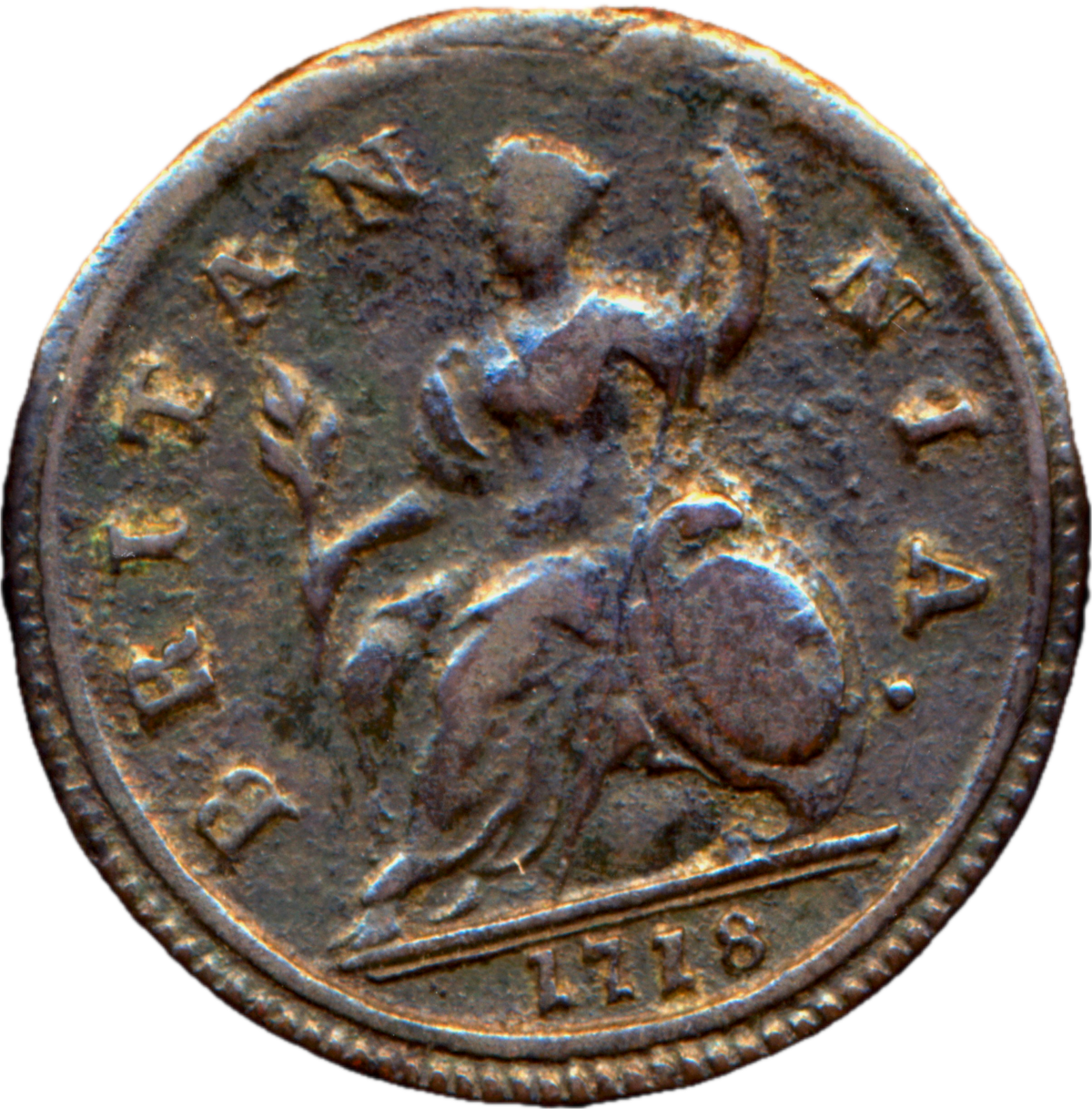1718 Halfpenny Obverse no stops S3659 BMC 775 GVF Very rare