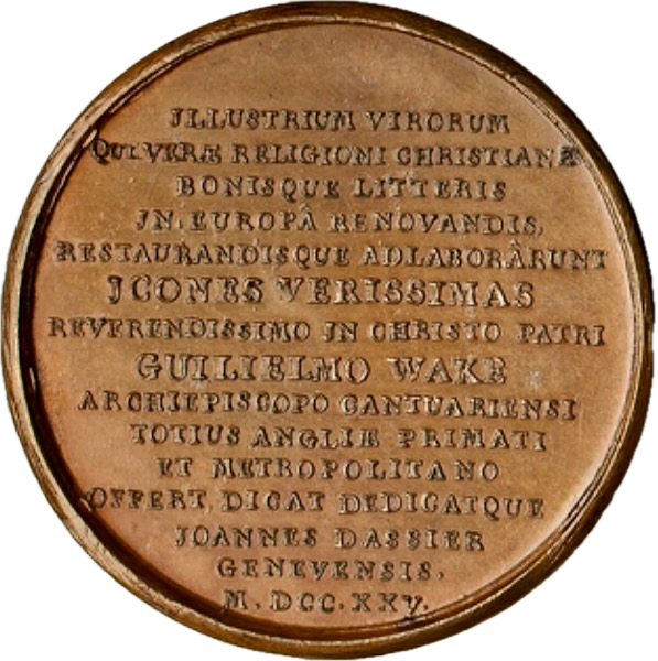 1725 Archbishop William Wake 42mm bronze medal by Dassier