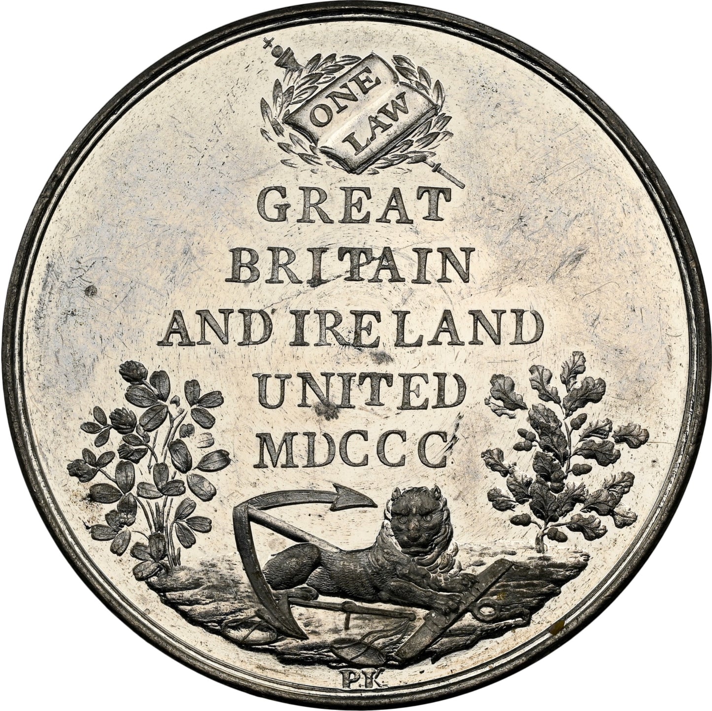 1800 Union of Great Britain and Ireland, Act Passed white metal medal BHM 494 E917 MS62BN