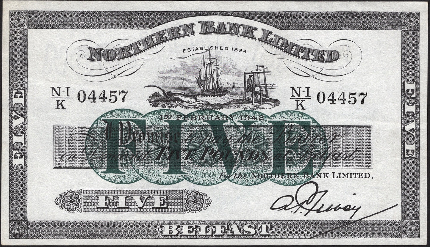 NORTHERN IRELAND P.180b NI613d 1942 Northern Bank £5 AUNC