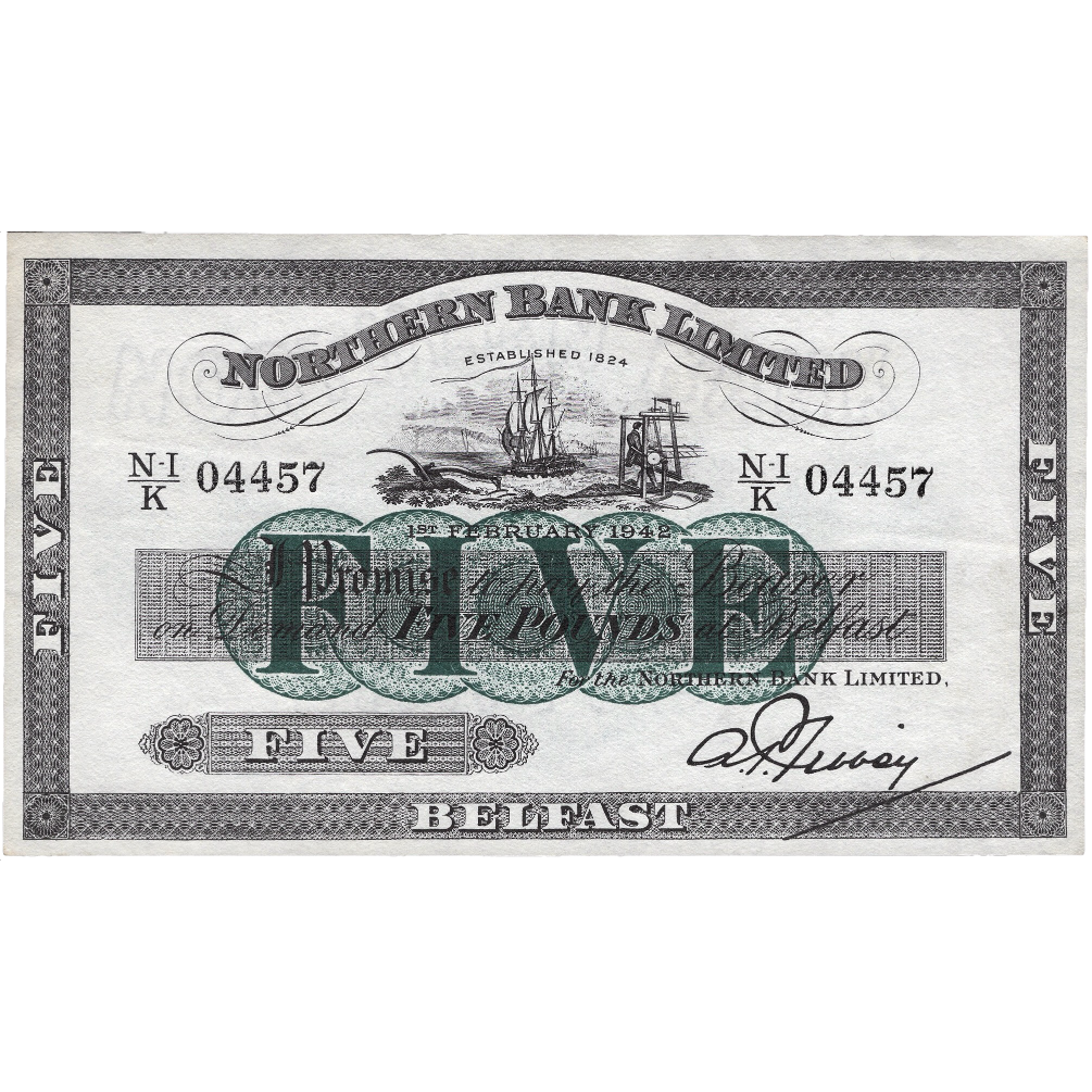 NORTHERN IRELAND P.180b NI613d 1942 Northern Bank £5 AUNC