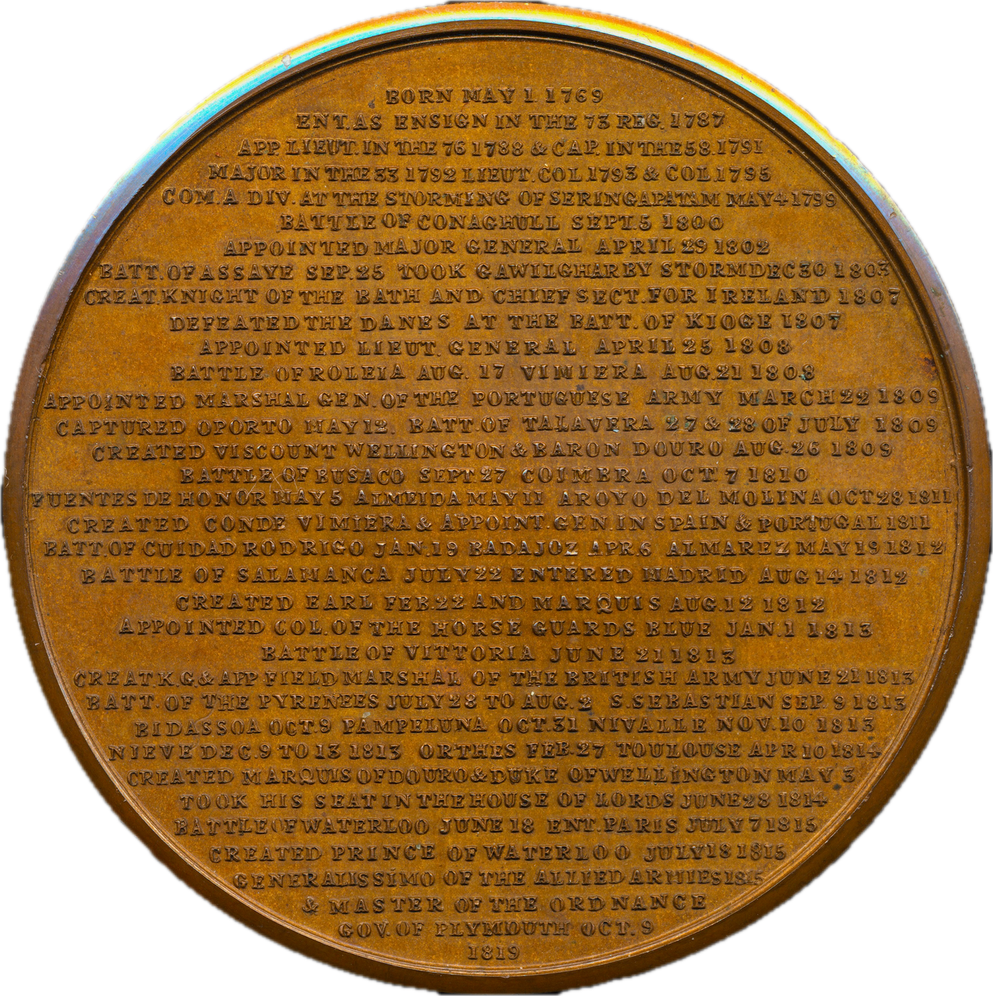 1819 Dule of Wellington, Governer of Plymouth 56mm bronze medal in case BHM 986 Eimer 1118