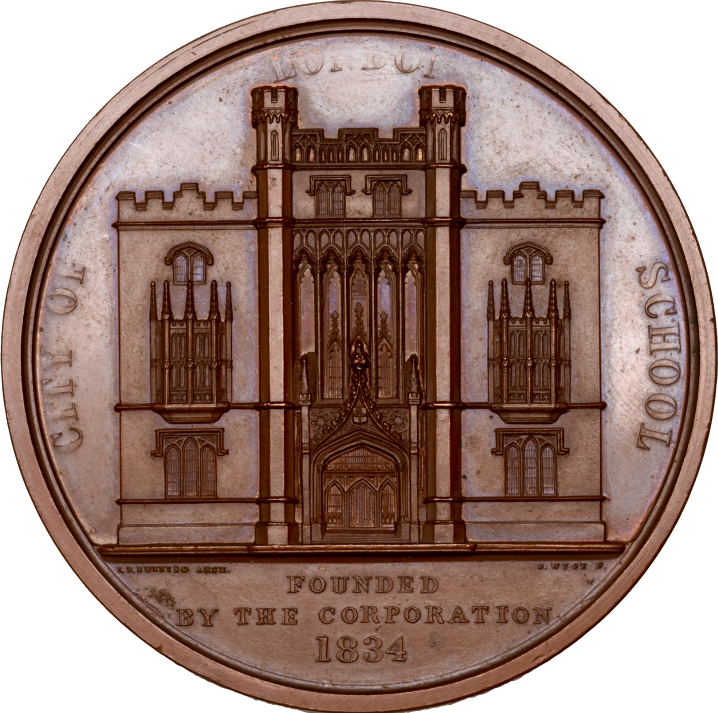 1834 Foundation of the City of London School 58mm copper medal by Wyon BHM 1680 E1279 GEF