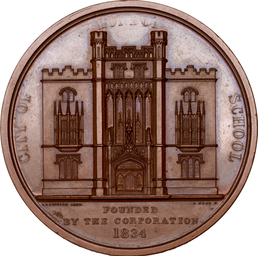 1834 Foundation of the City of London School 58mm copper medal by Wyon BHM 1680 E1279 GEF