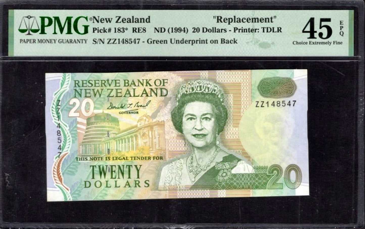 NEW ZEALAND P.183r 1994 $20 Replacement note CHOICE EF 45 EPQ