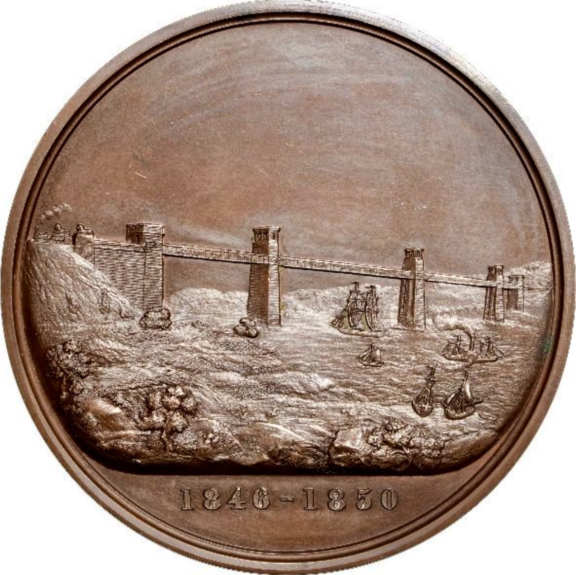 1850 Robert Stephenson and the Britannia Tubular Bridge 58mm copper medal in case BHM 2402 E1441