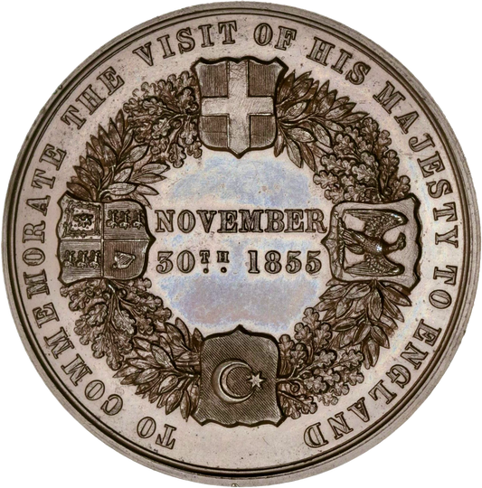 1855 Visit to England of Victor Emmanuel King of Sardinia 42mm bronze medal by Pinches BHM 2566 RR