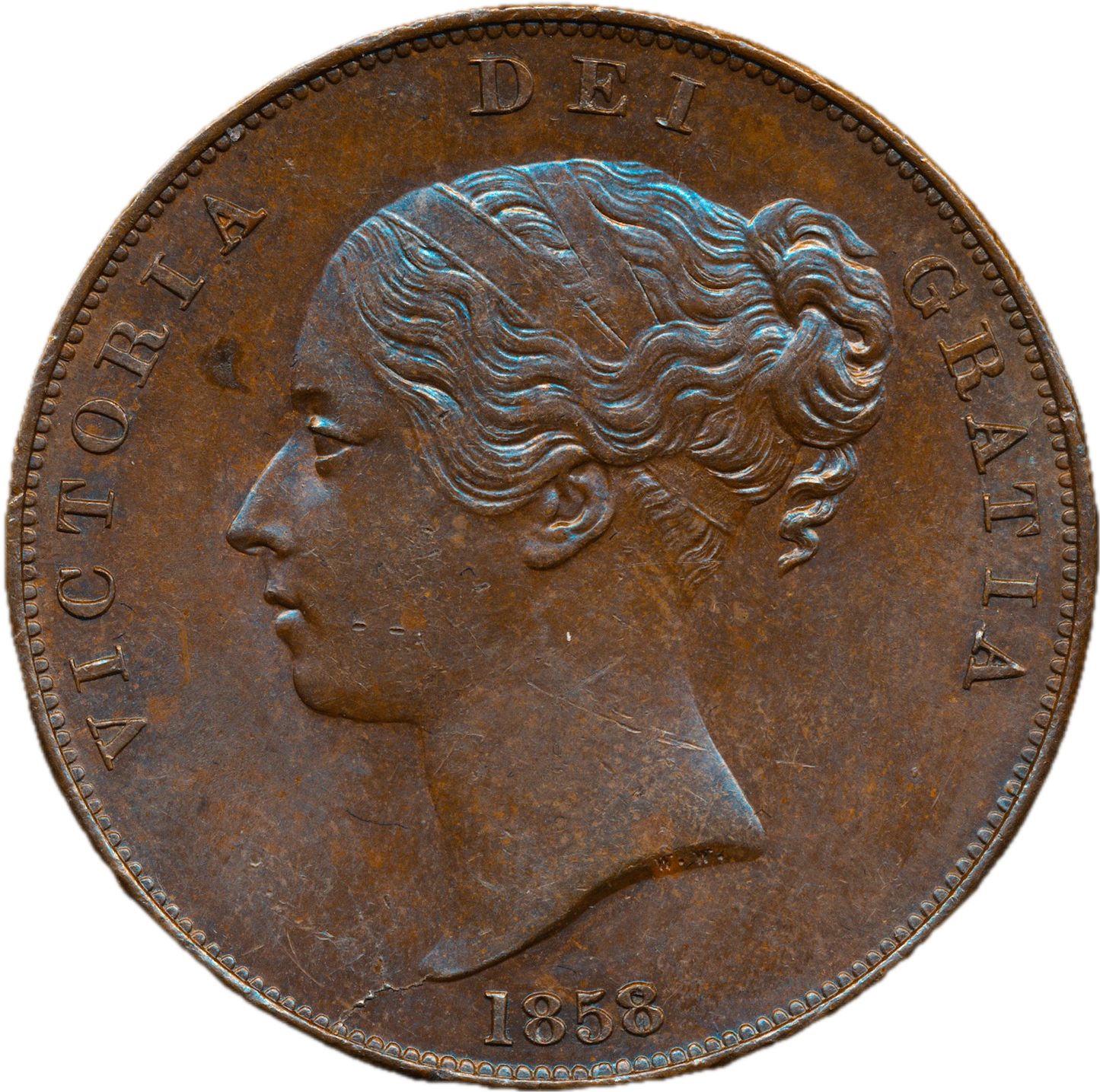 1858/7 Penny WW Far colon Ornamental trident Large date BMC 1516 GEF