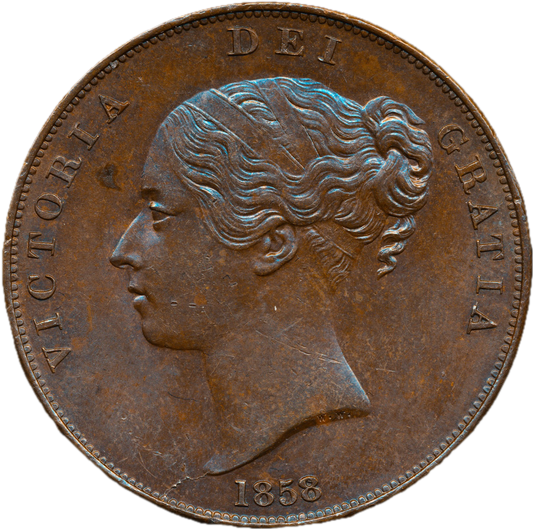 1858/7 Penny WW Far colon Ornamental trident Large date BMC 1516  GEF