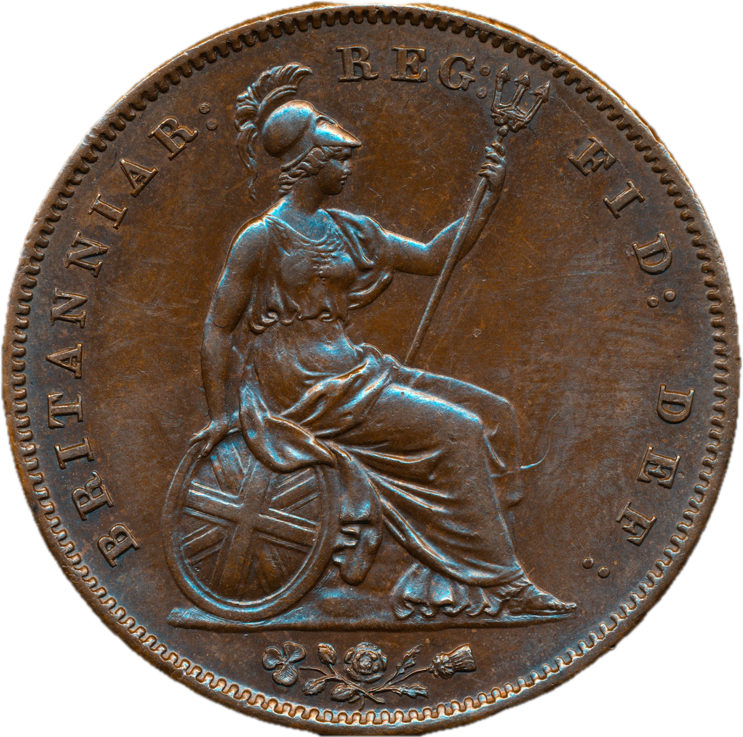 1858/7 Penny WW Far colon Ornamental trident Large date BMC 1516 GEF