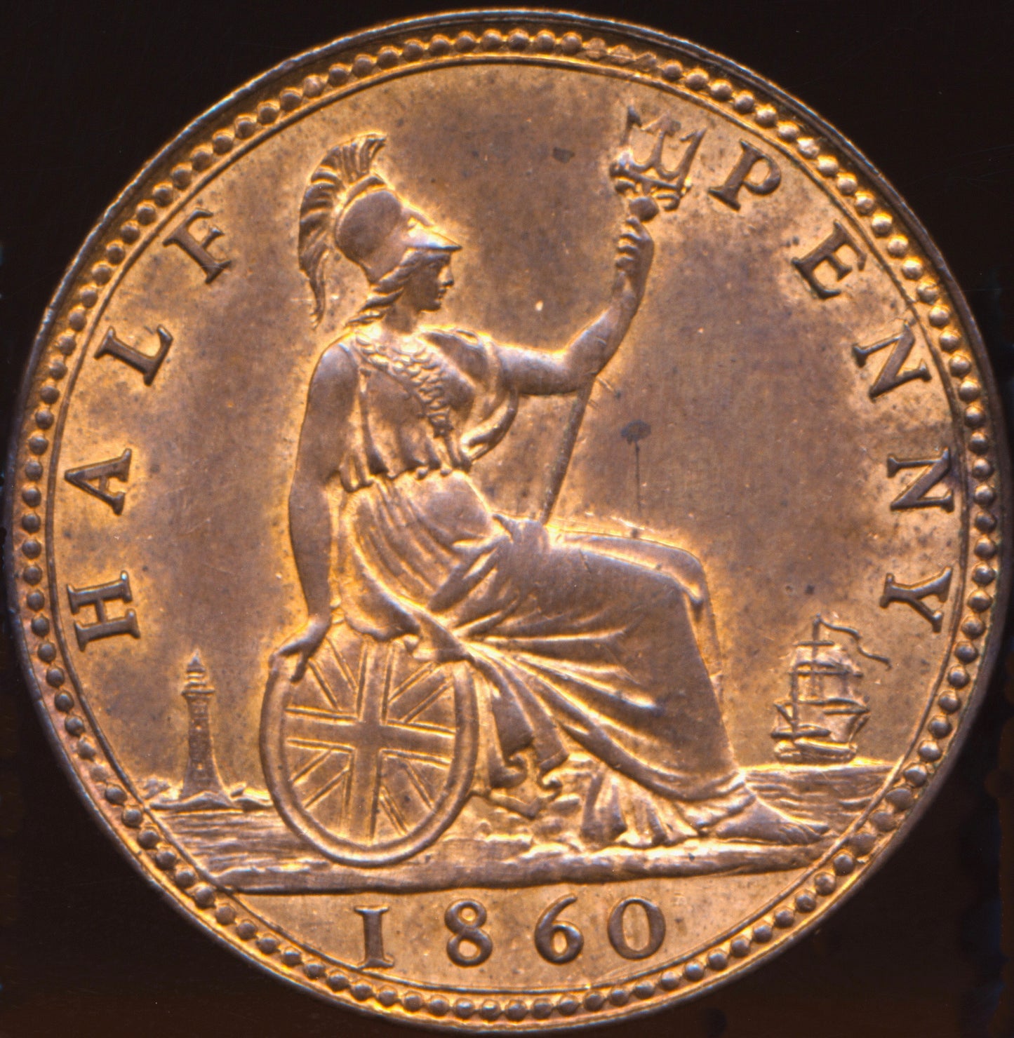 1860 Halfpenny F 258 Obv 1 Rev A Rare (R8) UNC