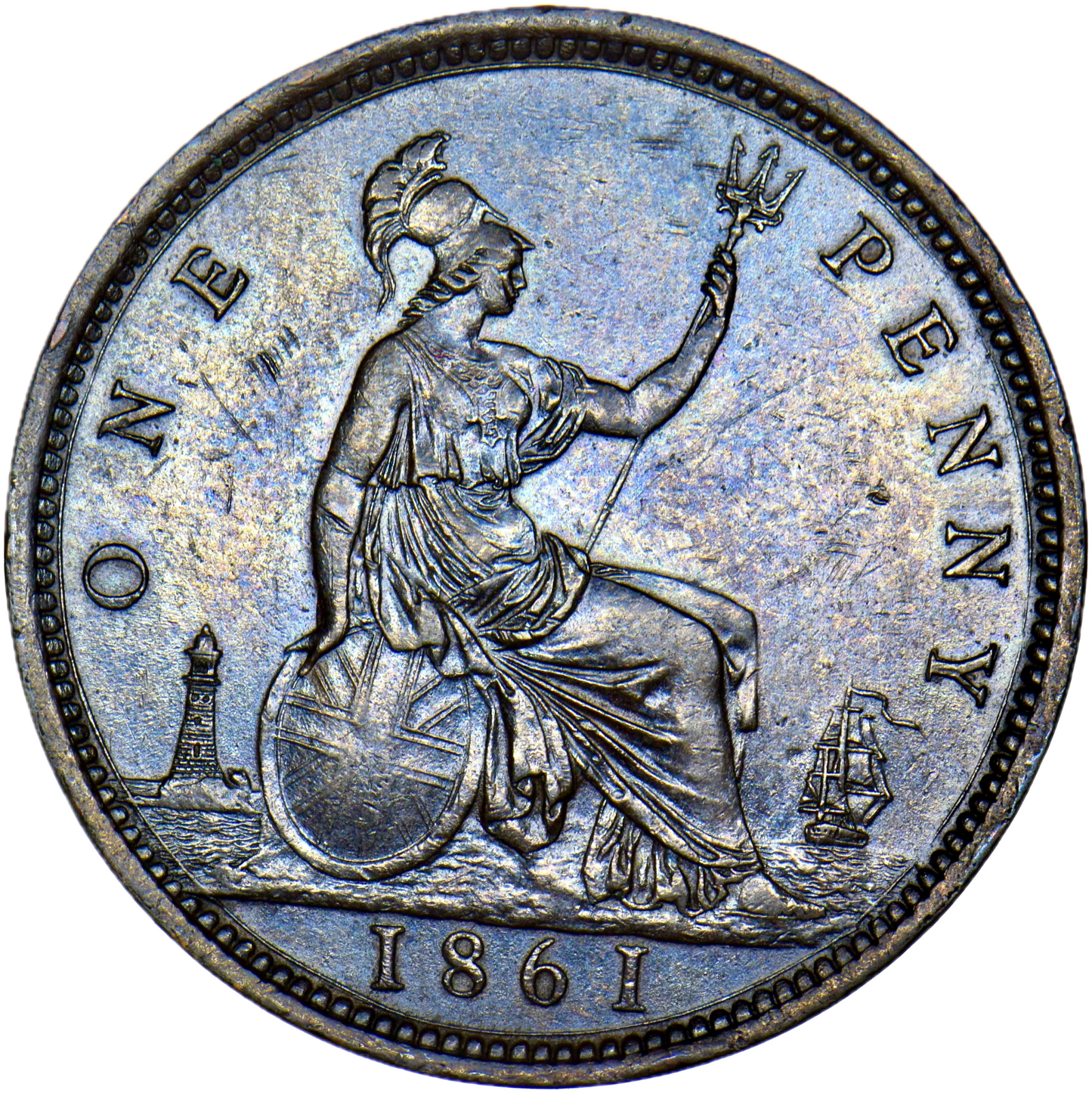 1861 Penny S3954 F33 Obv 6 Rev G GEF