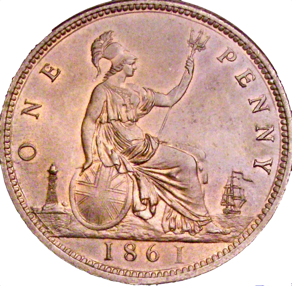 1861 Penny S3954 F33 Obv 6 Rev G UNC