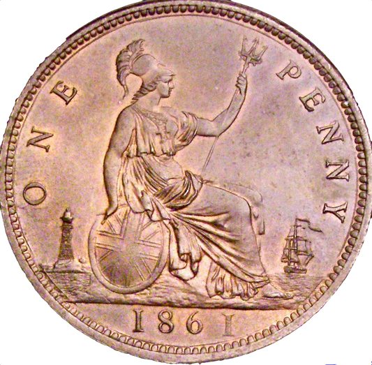 1861 Penny S3954 F33 Obv 6 Rev G UNC