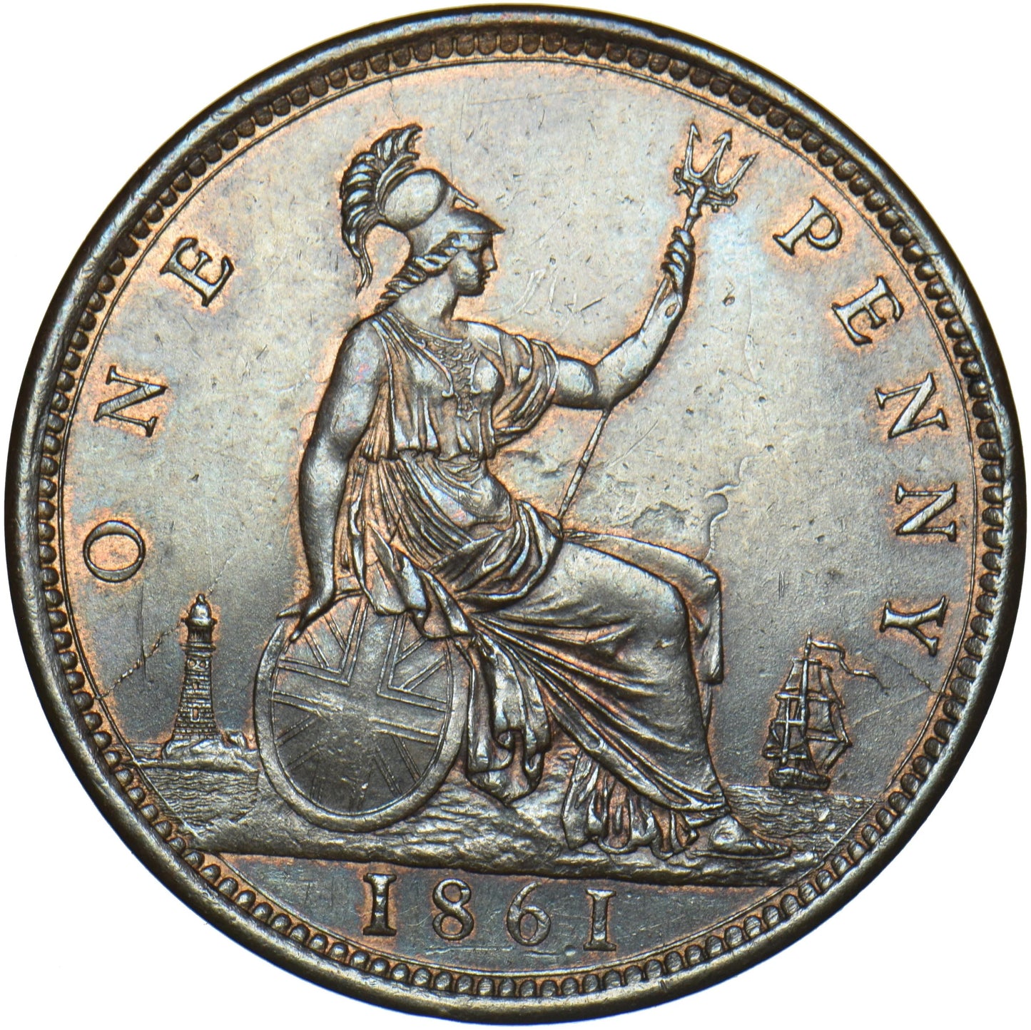 1861 Penny S3954 F33 Obv 6 Rev G UNC