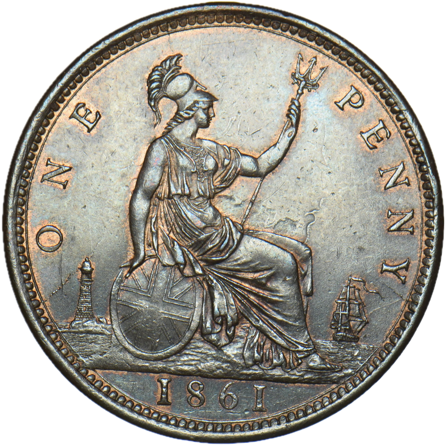 1861 Penny S3954 F33 Obv 6 Rev G UNC