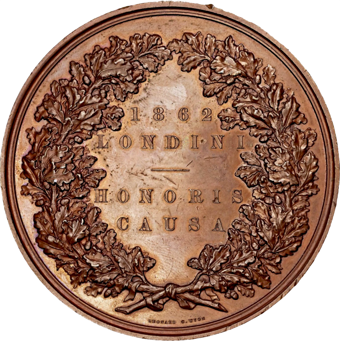 1862 International Exhibition 76.5mm official prize copper medal by LC Wyon BHM 2747 E 1553