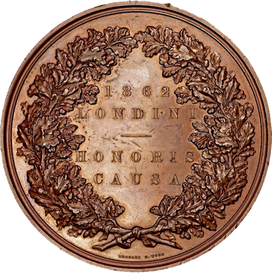 1862 International Exhibition 76.5mm official prize copper medal by LC Wyon BHM 2747 E 1553